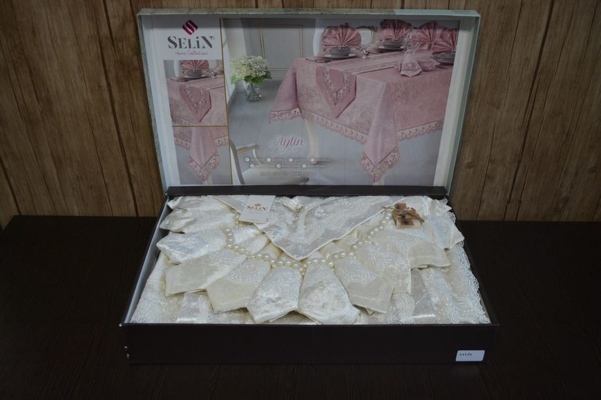 Велюровая скатерть с ранером Selin Aylin Set 160&times;300 см+12 салфеток кремовая 21514-К фото