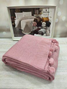 Вязаный плед с помпонами 220 на 240 см Zeyd Home розовый 1104101 фото