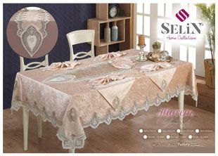 Велюрова скатертина з ранером Selin Hurrem Set 160х220 см +12 серветок кремова 33051-1-К фото