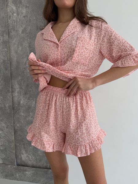 Мусліновий костюм-піжама Лео Сорочка + Шорти, пудра S/M 167p фото