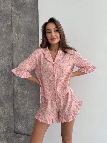 Мусліновий костюм-піжама Лео Сорочка + Шорти, пудра S/M 167p фото