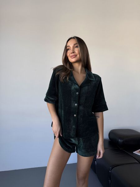 Домашній костюм Сорочка + Шорти з велюрової вʼязки, зелений S/M 196g фото