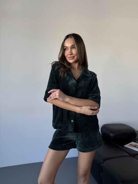 Домашній костюм Сорочка + Шорти з велюрової вʼязки, зелений S/M 196g фото