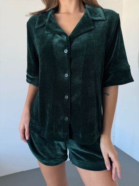 Домашній костюм Сорочка + Шорти з велюрової вʼязки, зелений S/M 196g фото