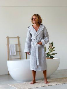 Халат чоловічий COSY з капюшоном Грецька вафелька світло сірий S 901 фото