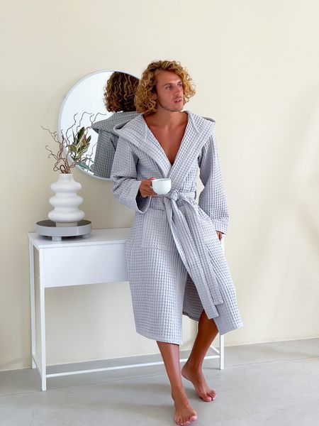 Халат чоловічий COSY з капюшоном Грецька вафелька світло сірий S 901 фото