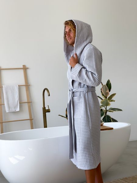 Халат чоловічий COSY з капюшоном Грецька вафелька світло сірий S 901 фото
