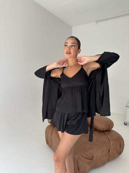 Домашній костюм 4 в 1 халат, майка, шорти, штани, чорний S 173blek фото