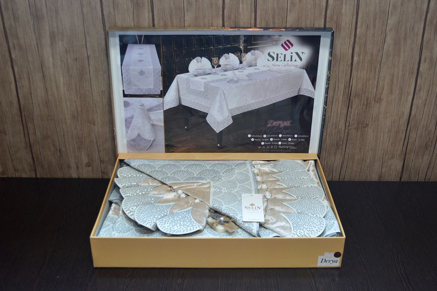 Велюровая скатерть с ранером Selin Derya Set 160&times;300 см+12 салфеток бежевая 33139-К bej фото