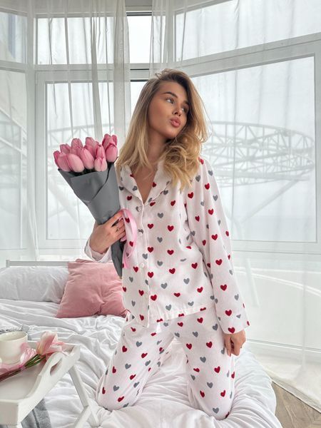 Домашня жіноча піжама COSY червоні серця на білому (сорочка+штани) S F43P фото