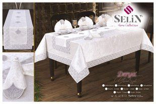 Велюрова скатертина з ранером Selin Derya Set 160&times;220 см+8 серветок кремова 33138-К фото