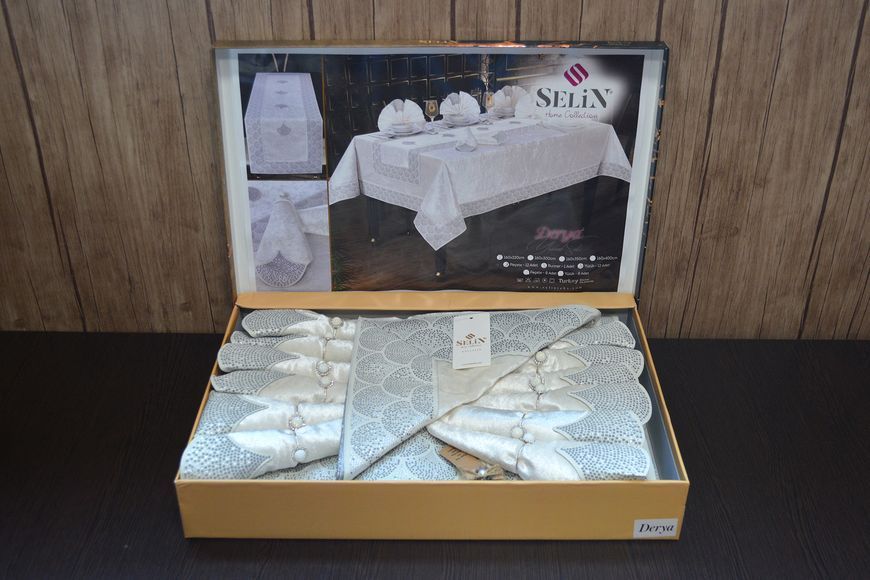 Велюровая скатерть с ранером Selin Derya Set 160&times;220 см+8 салфеток кремовая 33138-К фото