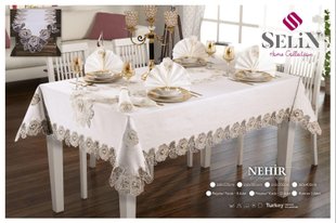 Лляна скатертина з ранером Selin Nehir Set 160×300 см.+12 серветок кремова 33179-К фото