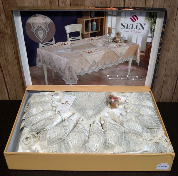 Велюрова скатертина з ранером Selin Hurrem Set 160&times;350 см+12 серветок кремова 21539-К фото