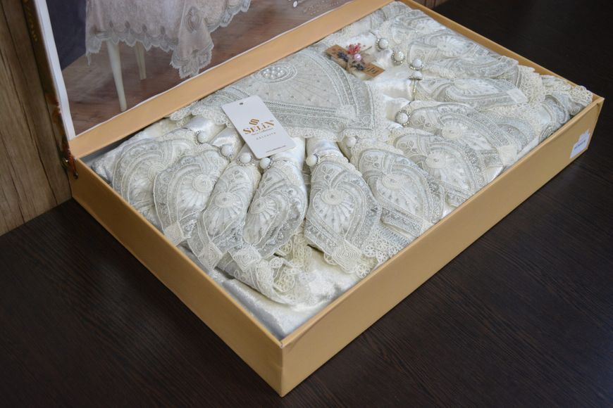 Велюрова скатертина з ранером Selin Hurrem Set 160&times;350 см+12 серветок кремова 21539-К фото