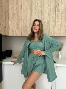 Домашній костюм-піжама кімоно, топ, шорти, оливка S/M 172ol фото