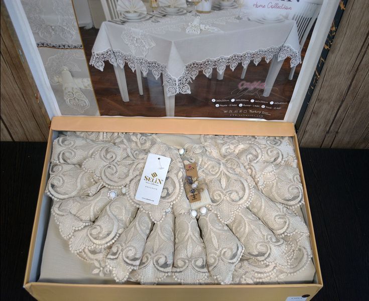 Льняная скатерть с ранером Selin Cagla Set 160&times;350 см+12 салфеток бежевая 33049-1-К bej фото