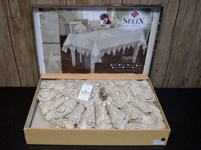 Льняная скатерть с ранером Selin Cagla Set 160&times;350 см+12 салфеток бежевая 33049-1-К bej фото