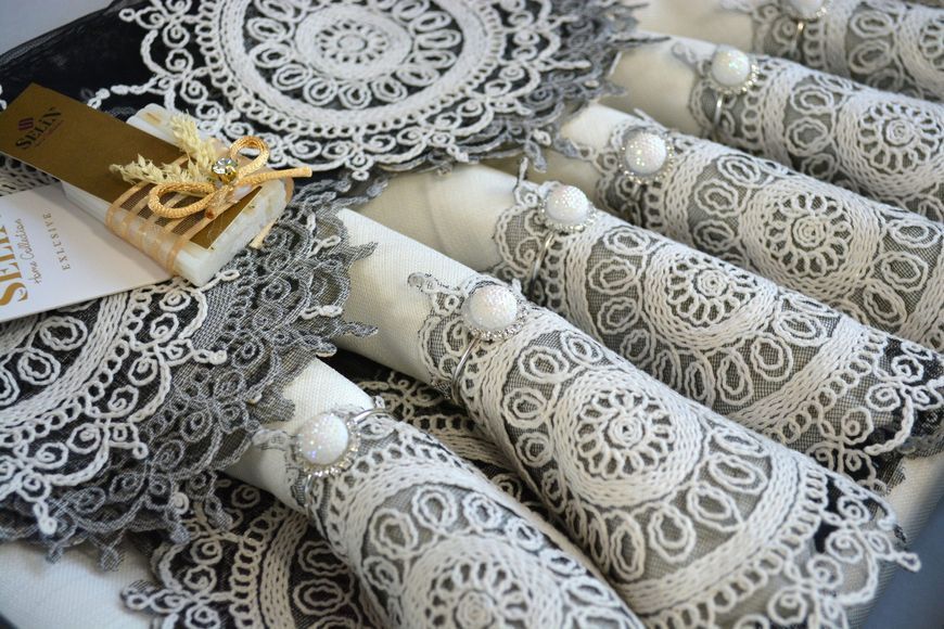 Льняна скатертина з ранером Selin Julide Set 160&times;300 см+12 серветок кремова 33188-К фото