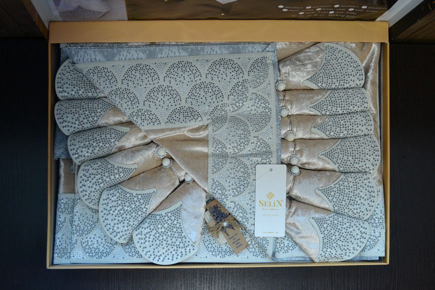 Велюрова скатертина з ранером Selin Derya Set 160&times;350 см+12 серветок бежева 33140-К bej фото