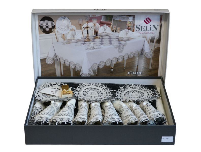Льняна скатертина з ранером Selin Julide Set 160&times;350 см+12 серветок кремова 33189-К фото