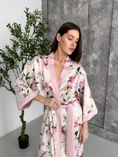 Жіночий халат кімоно довгий "Morning Bloom", рожеві квіти на молочному S/M MB1 фото