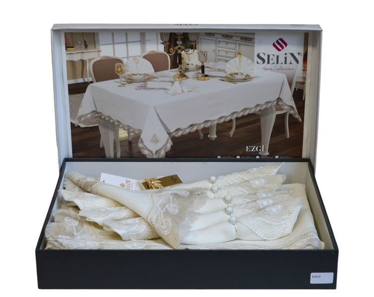 Лляна скатертина Selin Ezgi Set 160×220 см.+8 серветок кремова 33196-К фото