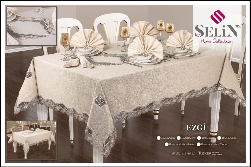 Лляна скатертина Selin Ezgi Set 160×220 см.+8 серветок кремова 33196-К фото