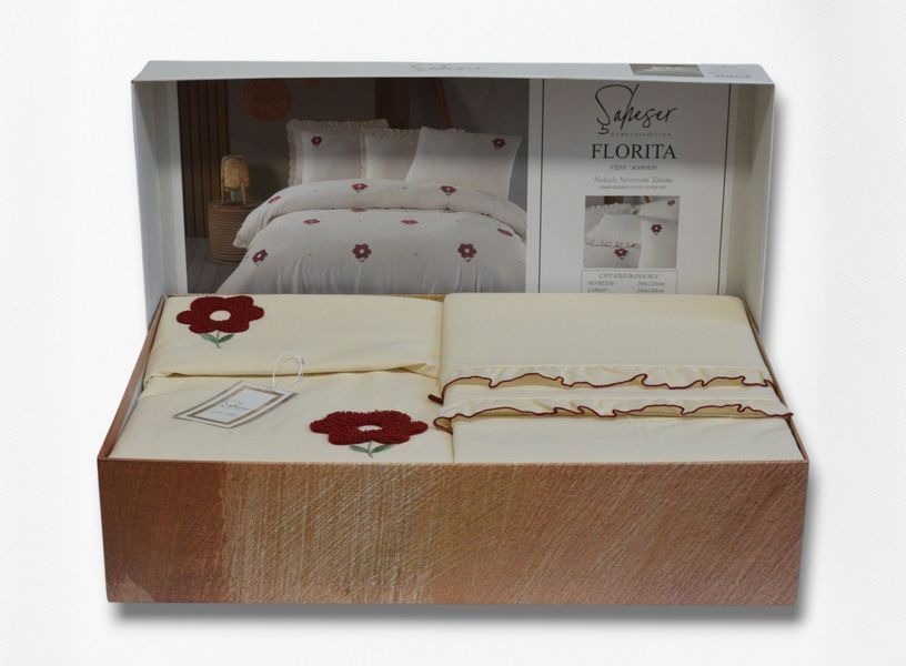 Постельное белье Saheser Stonewashed Ranforce размер евро Florita Maroon 41238-К фото