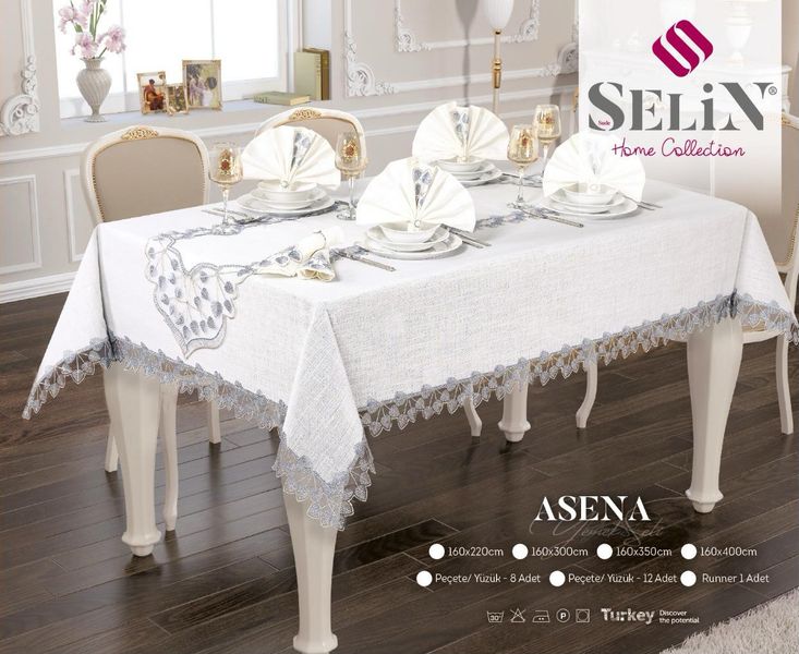 Лляна скатертина з ранером Selin Asena Set 180×350 см.+12 серветок кремова 33174-К фото