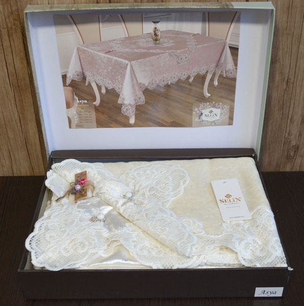 Велюрова скатертина Selin Asya 160х300 см кремова 21505-К фото
