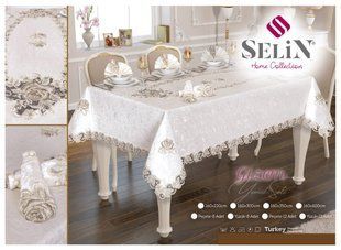 Велюрова скатертина Selin Gizem Set 160&times;300+12 серветок кремова 33091-1-К фото