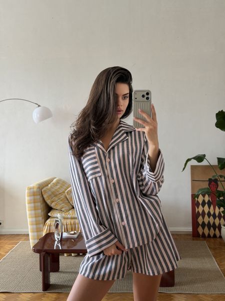 Рубашка длинный рукав + шорты из льна полоска пудра S/M 270p фото