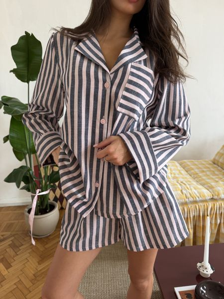 Рубашка длинный рукав + шорты из льна полоска пудра S/M 270p фото