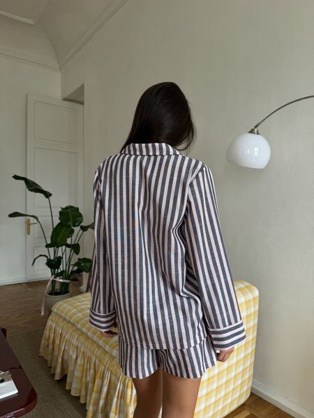 Рубашка длинный рукав + шорты из льна полоска пудра S/M 270p фото