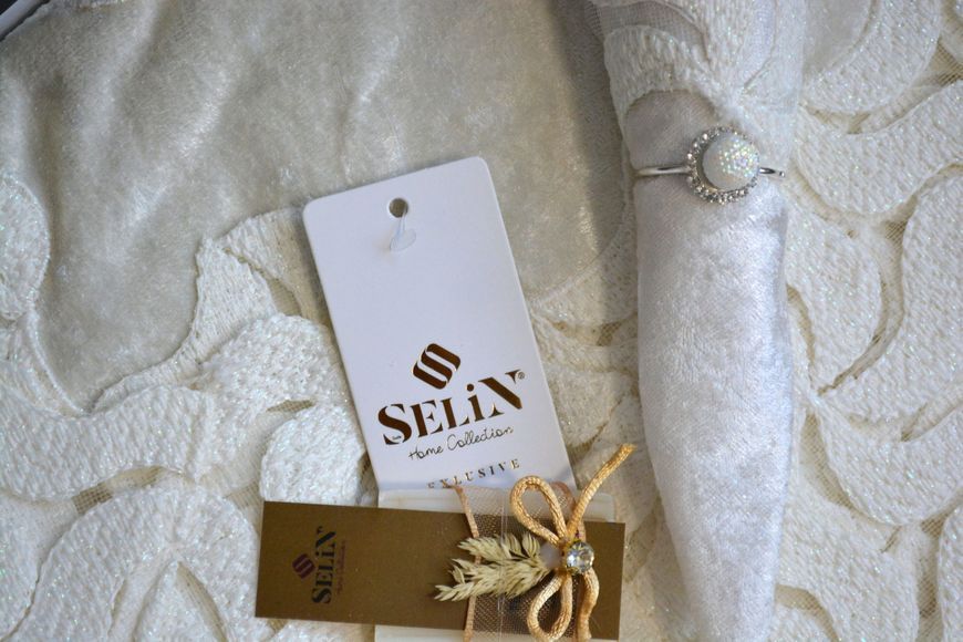 Велюрова скатертина з ранером Selin Beste Set 160&times;220 см+8 серветок кремова 33199-К фото
