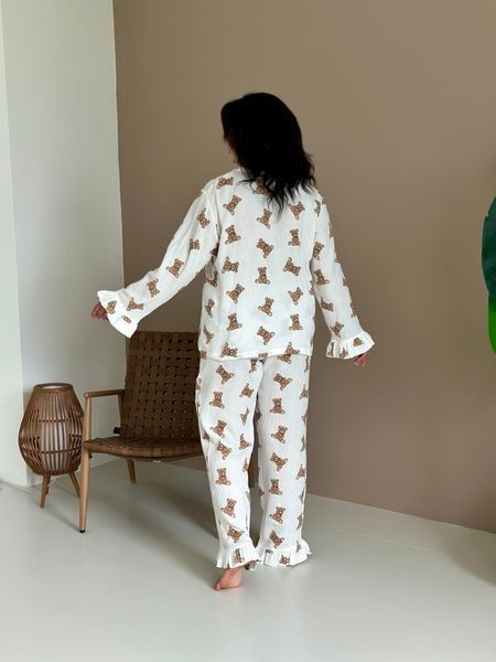 Жіноча муслінова піжама рюші сорочка+штани, ведмедики Teddy S M220/1 фото