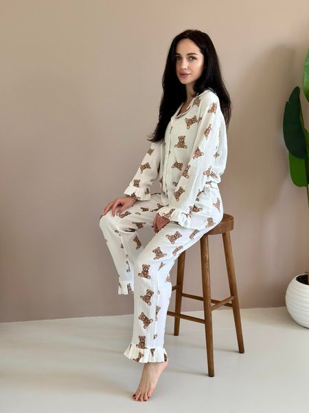 Жіноча муслінова піжама рюші сорочка+штани, ведмедики Teddy S M220/1 фото