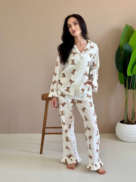 Жіноча муслінова піжама рюші сорочка+штани, ведмедики Teddy S M220/1 фото