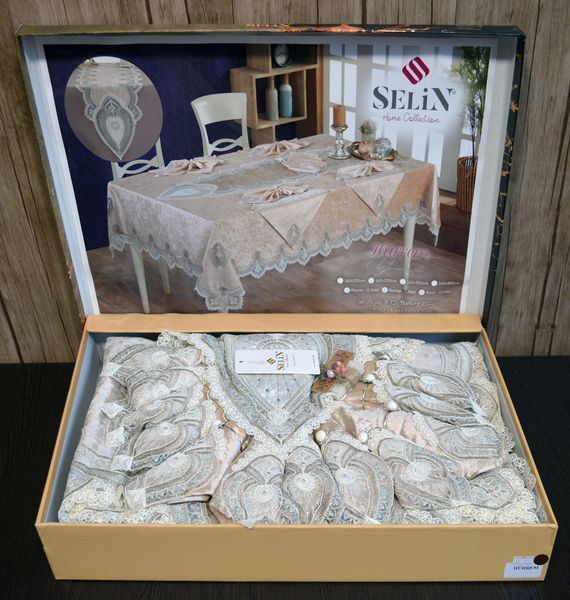 Велюрова скатертина з ранером Selin Hurrem Set 160х300 см +12 серветок бежева 33054-0-К bej фото