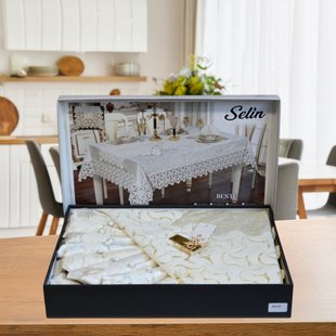 Велюрова скатертина з ранером Selin Beste Set 160×350 см.+12серветок кремова 33201-К фото