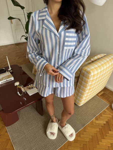 Рубашка длинный рукав + шорты из льна полоска голубая S/M 270b фото