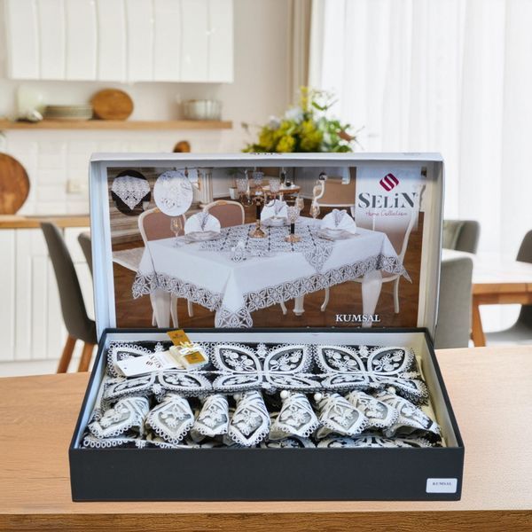 Лляна скатертина з ранером Selin Kumsal Set 160&times;350 см+12 серветок кремова 33213-К фото