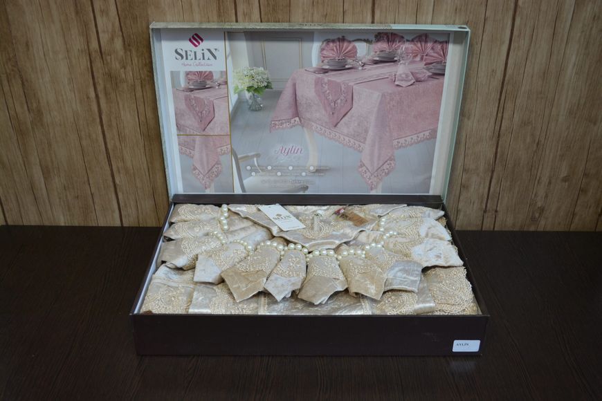 Велюрова скатертина з ранером Selin Aylin Set 160&times;300 см+12 серветок бежева 21513-К фото