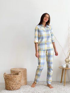 Домашній жіночий комплект COSY у клітинку жовто/сірий (сорочка+штани) S F51PL фото