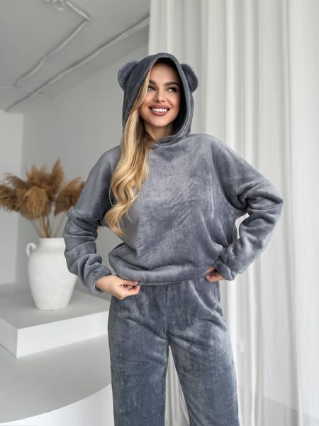 Махровий костюм-піжама худі з вушками +штани, сірий S/M 192g фото