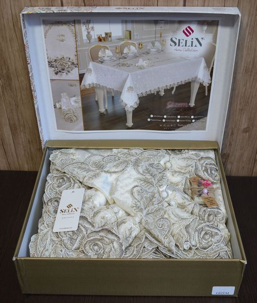 Велюрова скатертина Selin Gizem Set 160&times;350+12 серветок кремова 33092-1-Кrem фото