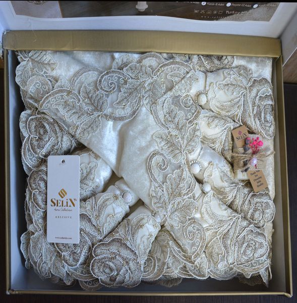 Велюрова скатертина Selin Gizem Set 160&times;350+12 серветок кремова 33092-1-Кrem фото