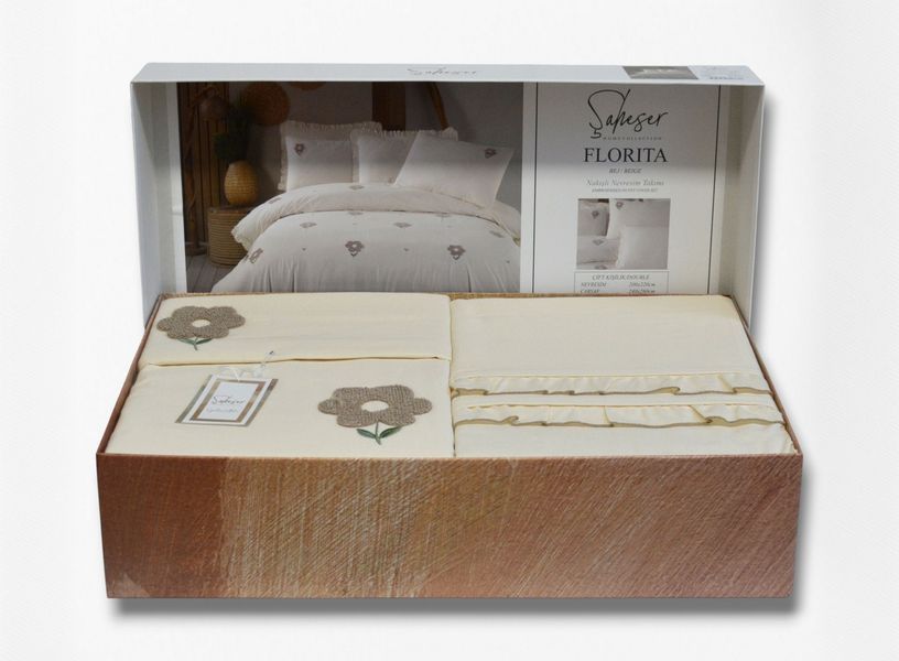 Постільна білизна Saheser Stonewashed Ranforce сімейний розмір Florita Beige 41391-К фото