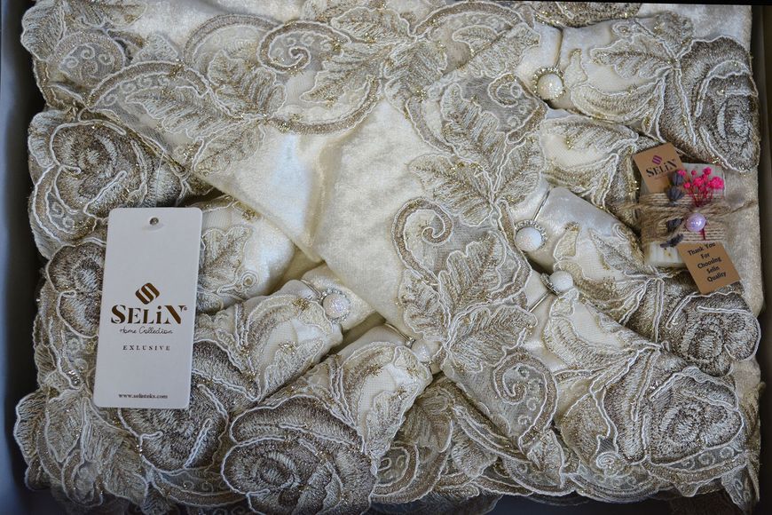 Велюрова скатертина Selin Gizem Set 160&times;350+12 серветок кремова 33092-1-Кrem фото